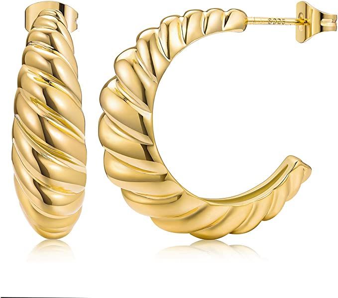 14K Gold Plated Croissant Earrings Twisted Round Hoop Earrings Chunky Hoop Earrings 925 Sterling ... | Amazon (US)