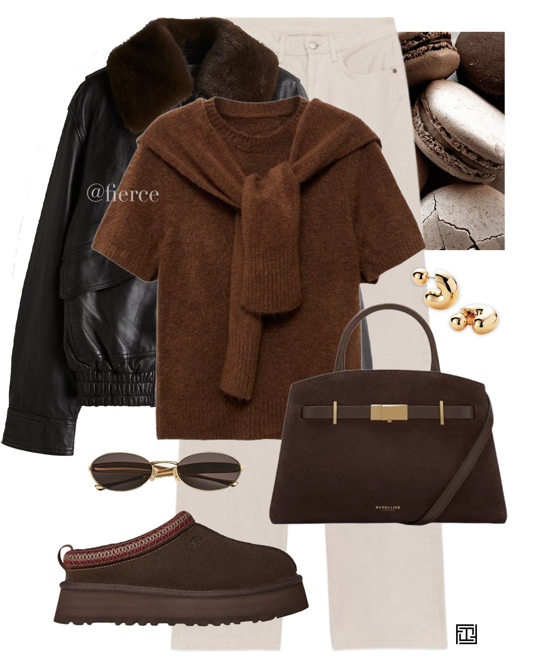 cream jeans chooclate brown leather jacket suede brown bag chocolate brown ugg tazz brown short sleeve combined sweater gold sunglasses casual cool look weekend outfit lunch coffee break 

 #LTKuk #LTKautumn #LTKeurope
