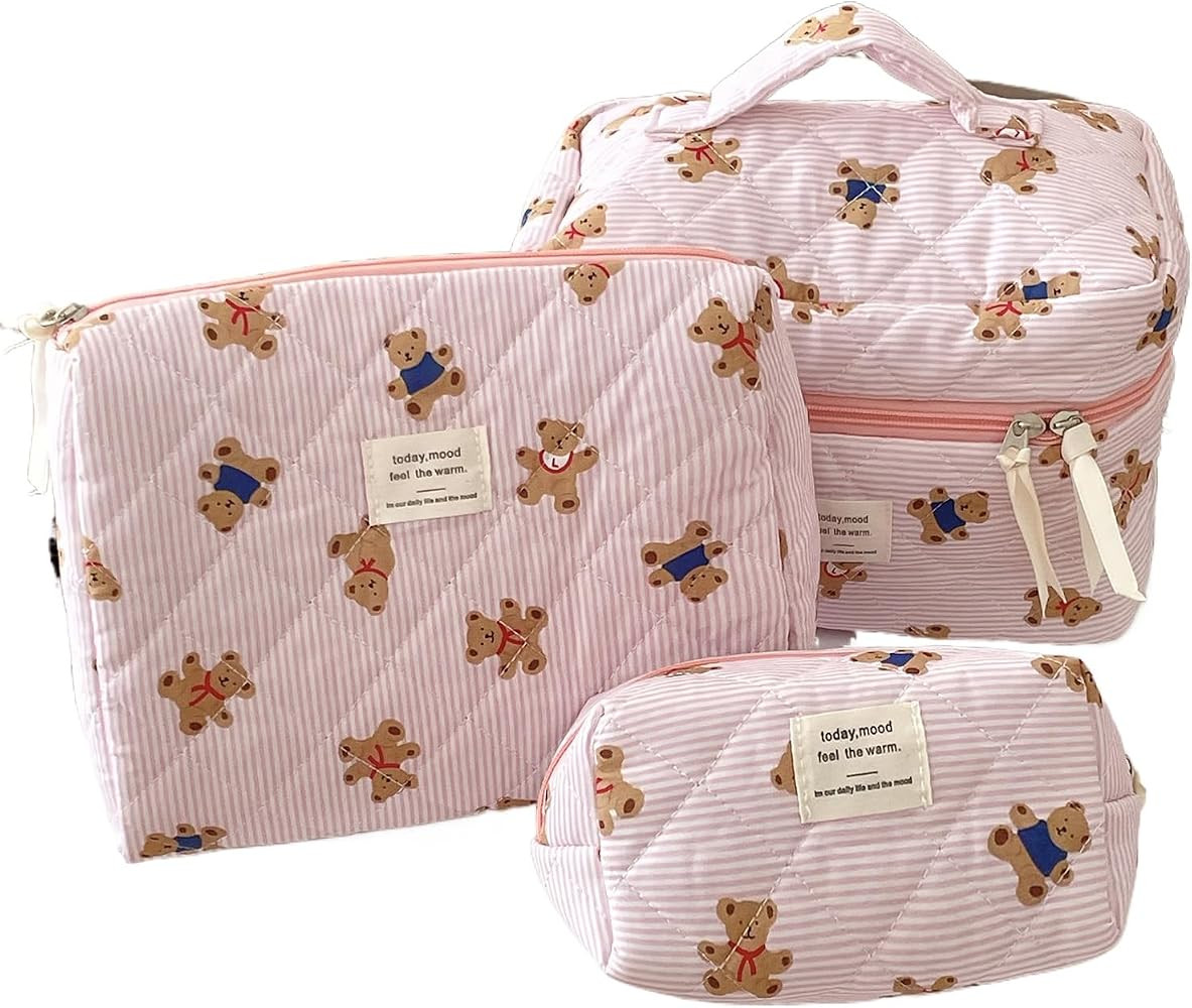 Women Adorable Quilted Fabric Cosmetic Bag Set, 3-Piece Cartoon Bear Makeup Organizer with Zipper... | Amazon (US)