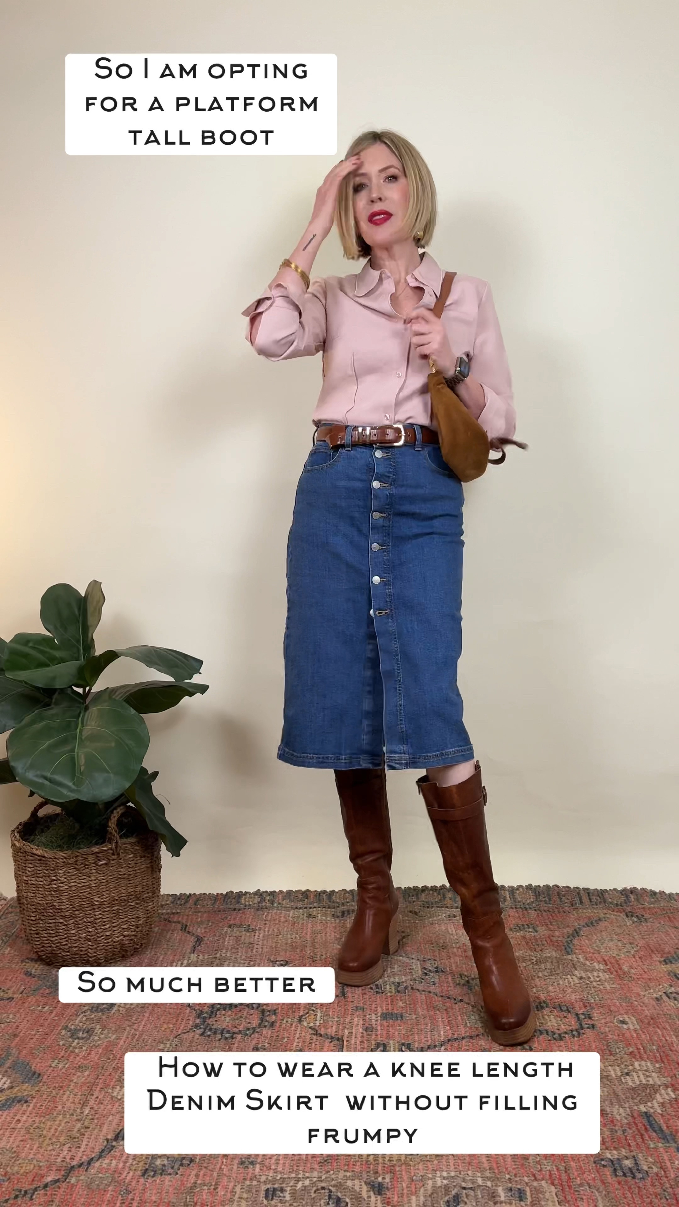 Ever feel like your favorite denim skirt just isn’t giving the vibe you want? 😅 Let’s turn that boring look into something head-turning with a few key styling tweaks! I’m taking this knee-length classic from basic to bold with platforms, tall boots, and the perfect accessories. Ready to amp up your fall style? Watch this transformation! ✨👢 #DenimSkirt #FallFashion #SuedeBag  #TallBoots

#LTKShoeCrush #LTKOver40 #LTKStyleTip