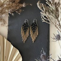 Black Beaded Fringe Earrings Golden Ombre Boho Jewelry | Etsy (US)