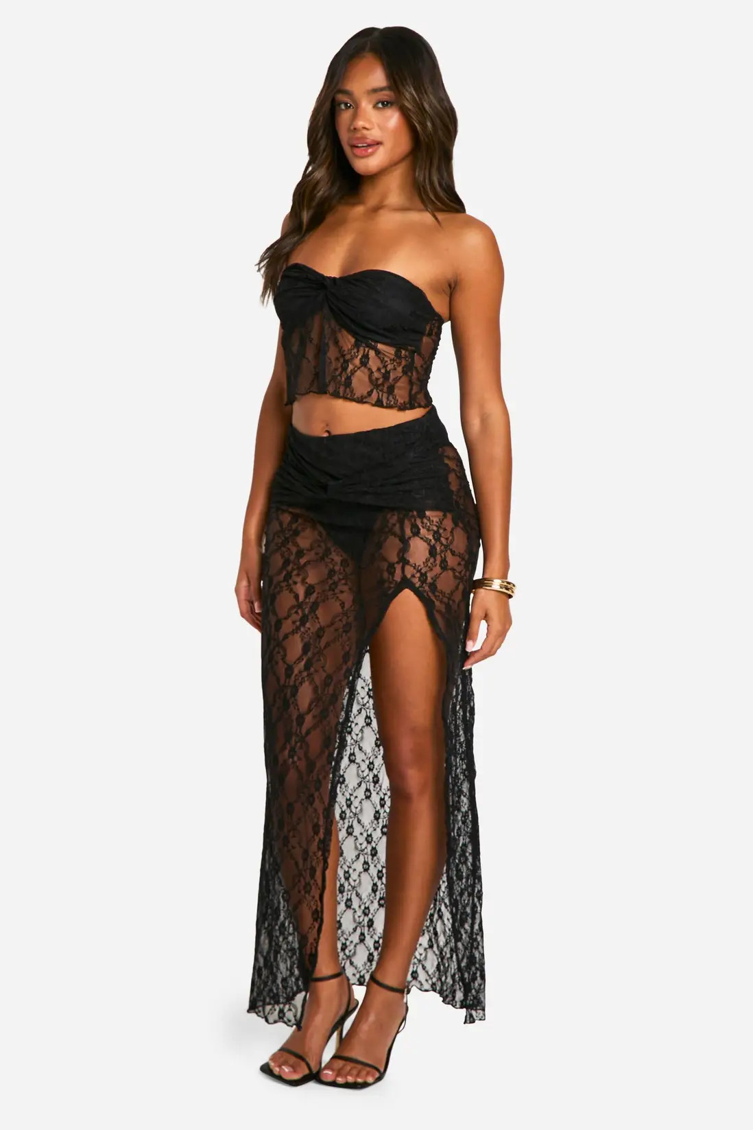 Black Lace Ruched Split Maxi Skirt | Boohoo USA | boohoo (US & Canada)
