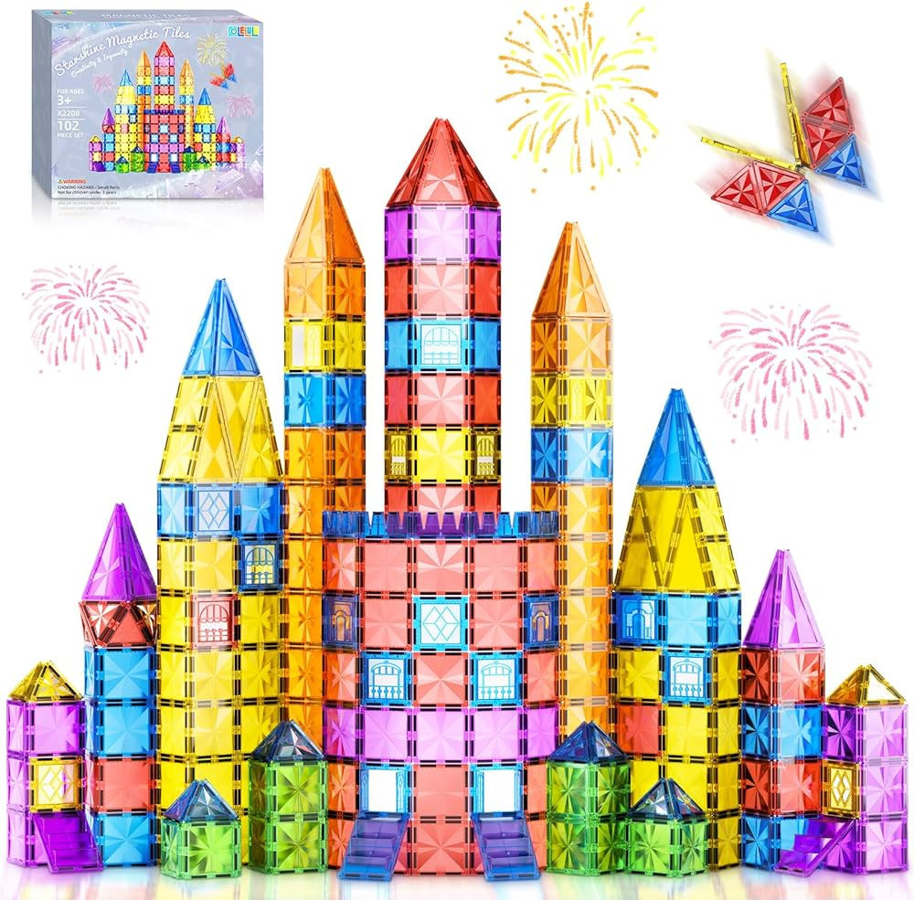 Colelulu 102-Piece Magnetic Building Tiles Set, Multicolored, ABS Plastic, Ideal for 3+ Years | Amazon (US)