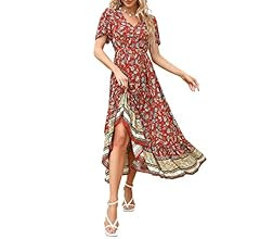 KOJOOIN Women's Summer Boho Floral V Neck Short Sleeve Maxi Dress Casual Button Down Ruffle Tiere... | Amazon (US)
