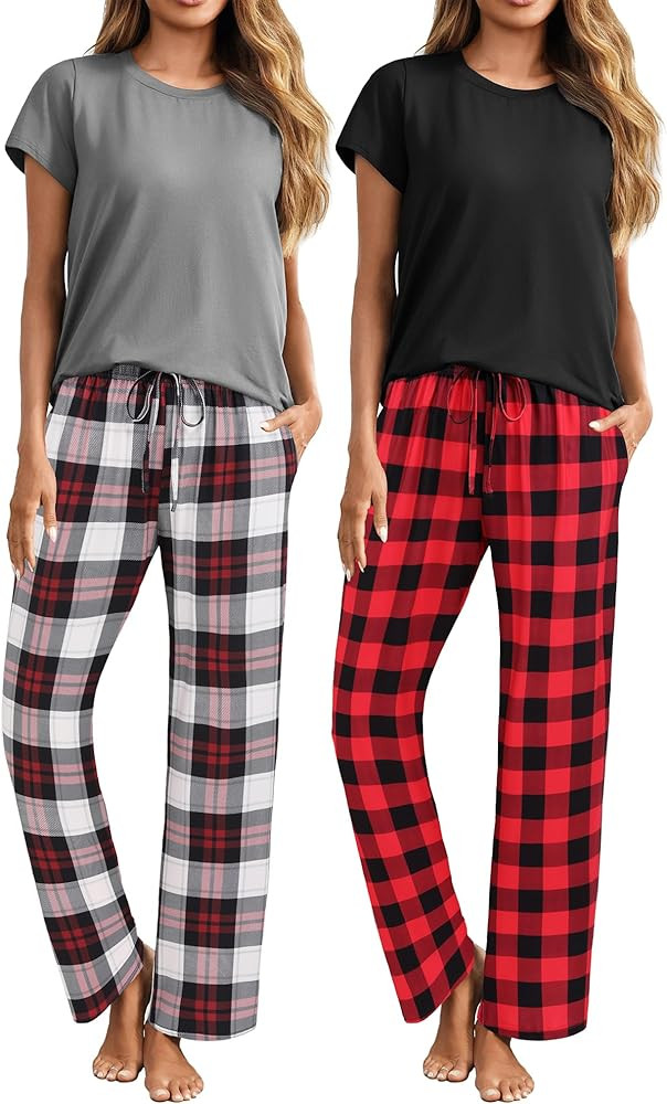 Ekouaer 2 Pack Womens Pajama Sets Short Sleeve Sleepwear Top and Pants 4 Piece Pjs Lounge Sets wi... | Amazon (US)