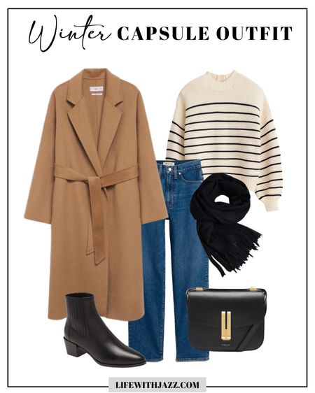 Winter capsule outfit 

Camel coat xs 
Striped sweater 
Straight leg jeans 
Booties 
Cozy wool scarf 
Leather tote 

Capsule wardrobe / winter staples / workwear 

#LTKworkwear #LTKunder100