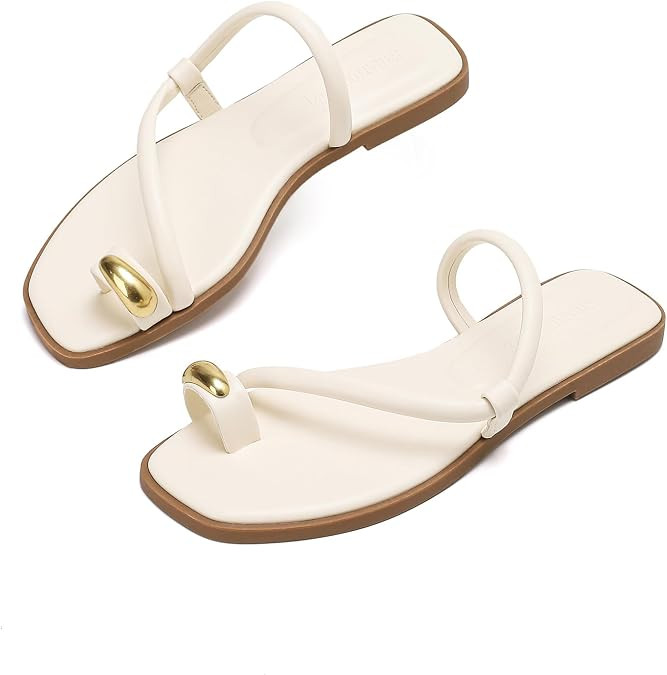 Women's Toe Ring Flat Sandals Dressy Thong Cushioned Comfy Toe Loop Slides | Amazon (US)