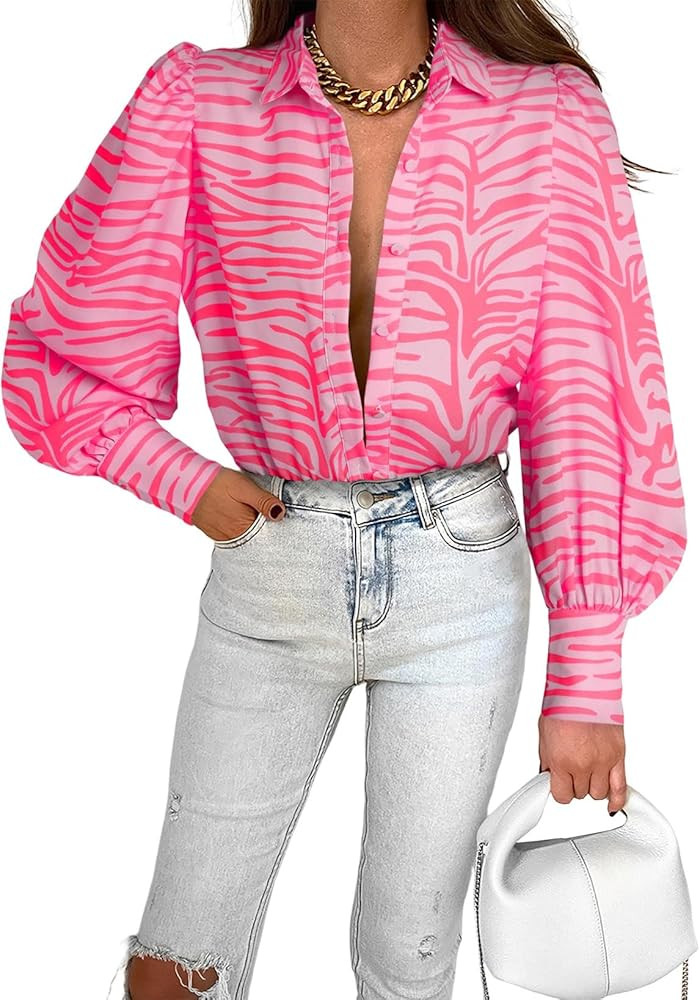 Astylish Women's Casual Button Down Printed Long Sleeve V Neck Shirt Blouse Tops | Amazon (US)