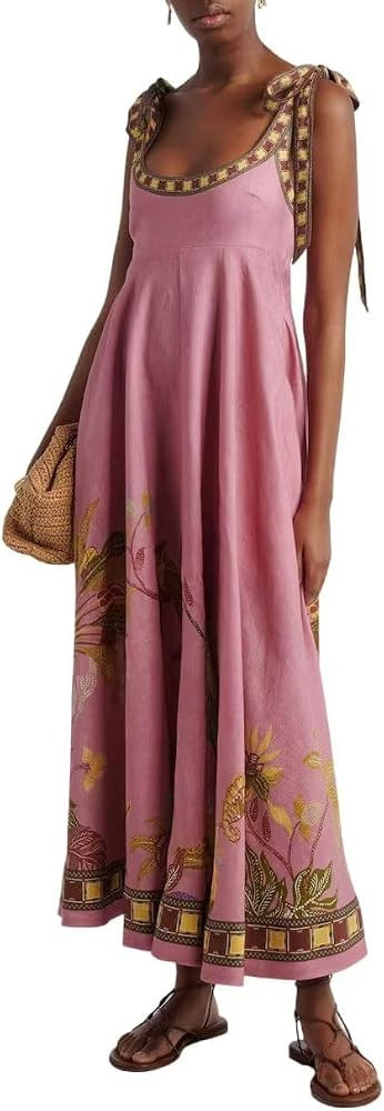 Women's Summer Maxi Dress Boho Print Tie Shoulder Spaghetti Strap Cut Out Tie Back Cami Dresses S... | Amazon (US)