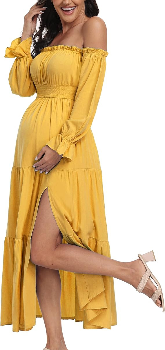 Boho Off Shoulder Maternity Dresses, Long Sleeve Side Split Flowy A Line Tiered Maxi Dress for Ba... | Amazon (US)