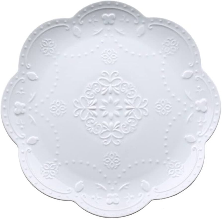 YBK Tech Elegant Round Embossed Lace Plate, Ceramic Serving Plate for Breakfast Afternoon Tea (Wh... | Amazon (US)