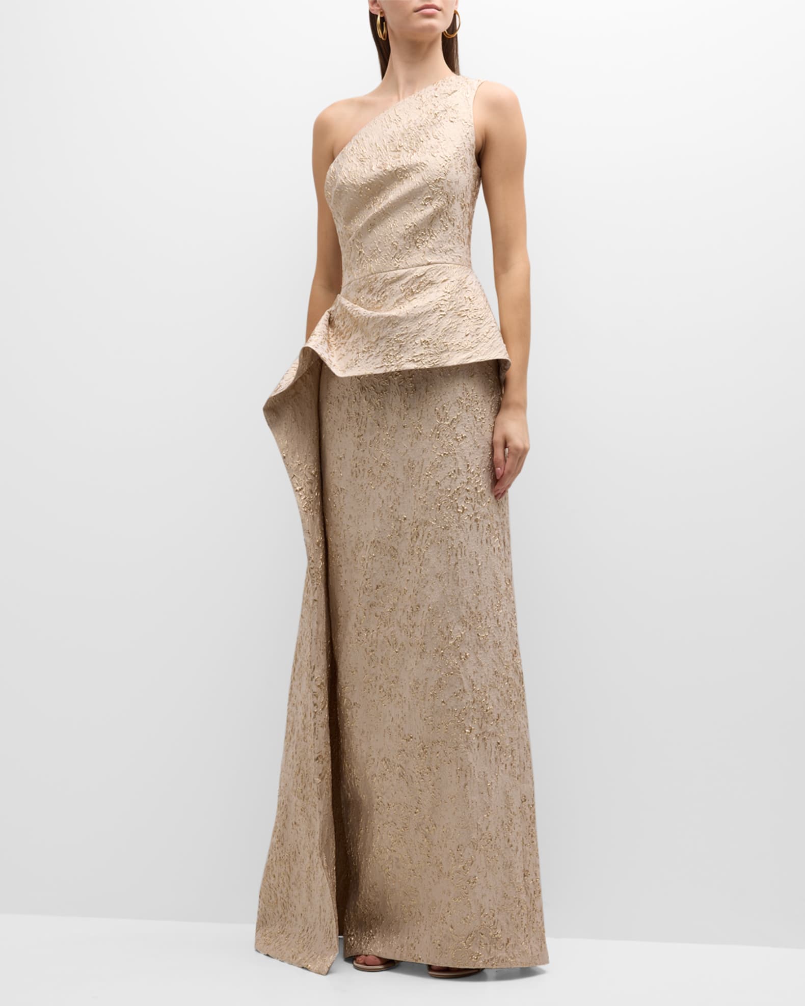 One-Shoulder Jacquard Peplum Column Gown | Neiman Marcus