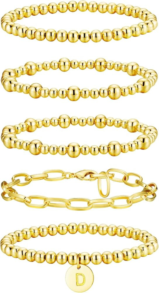 Beaded Bracelets for Women, 18K Gold Plated Initial A-Z Stretch Bead Ball Stackable Bracelet with... | Amazon (US)