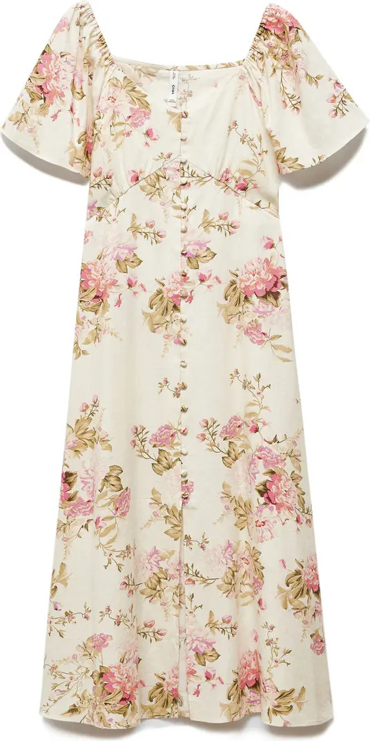 MANGO Floral Flutter Sleeve Linen Blend Midi Dress | Nordstrom | Nordstrom