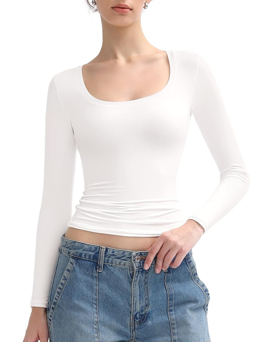 PUMIEY Women's Long Sleeve T Shirts Scoop Neck Slim Fit Going Out Tops Double Lined Basic Tee Smo... | Amazon (US)