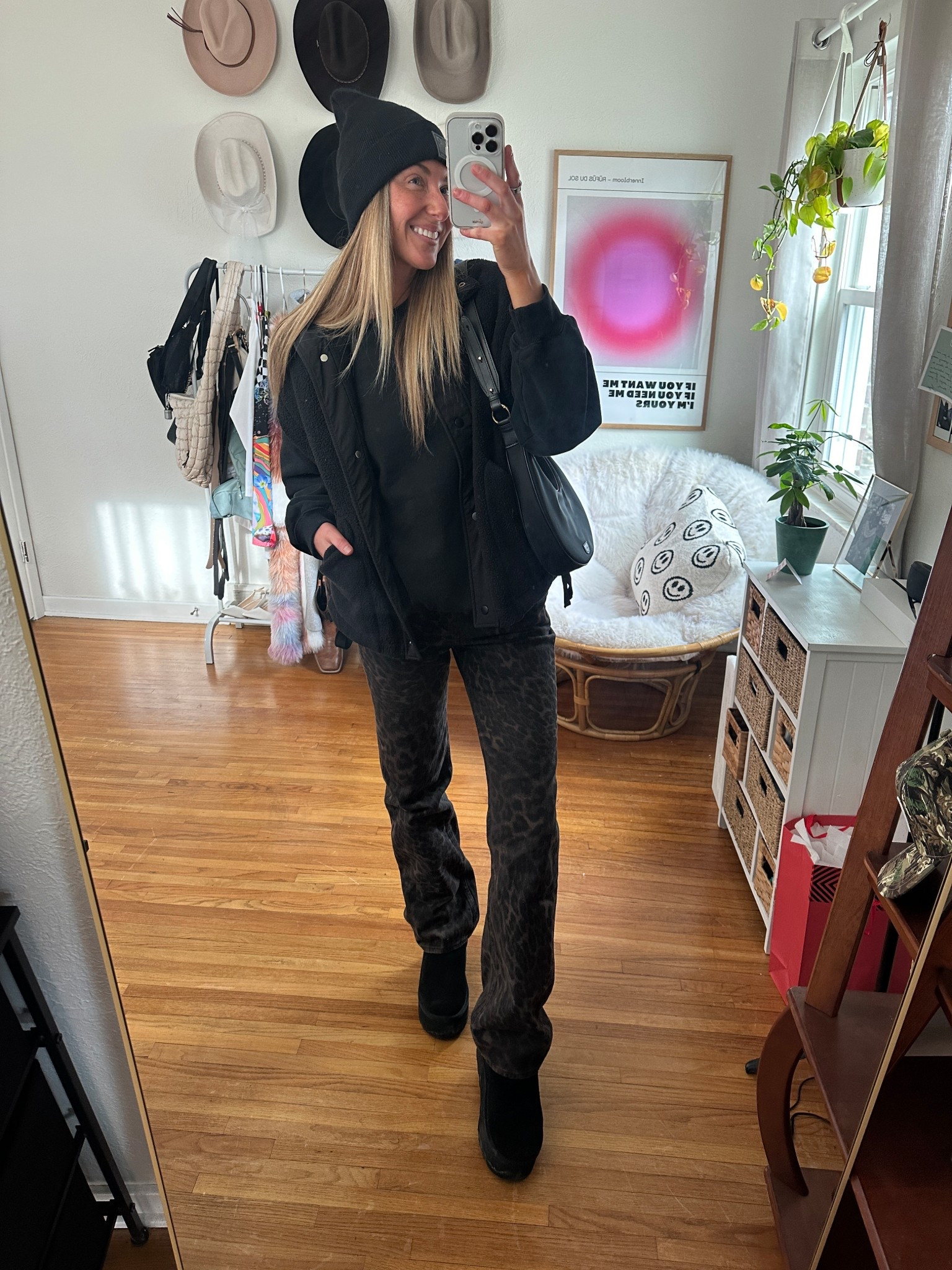 Tall girl approved leopard jeans. 🤎 These are the Abercrombie High Rise 90s Relaxed Leopard Print Jeans in 25 Long and they’re the perfect relaxed, straight fit that actually hits the floor with boots or sneakers. Leopard but still a neutral, so it makes any all black outfit look styled with zero effort. Linking the exact pair plus the beanie, bag, and my go to black layers on LTK.

#LTKTall #LTKU #LTKgrwm