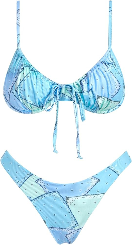 Amazon.com: VOLAFA Women's Triangle Bikini Set Swimsuit Print Push Up Elastic Tie String Top Ribb... | Amazon (US)