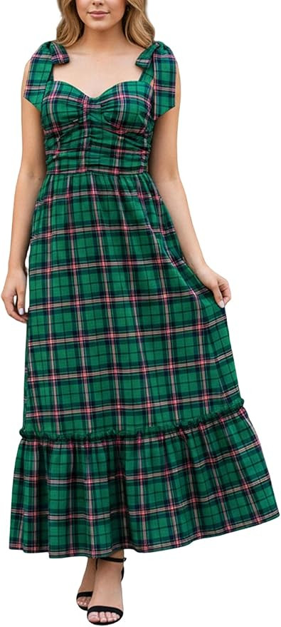 Women’s Christmas Plaid Dress Cute Sleeveless Sweetheart Neck High Waist Long Dresses Trendy Go... | Amazon (US)
