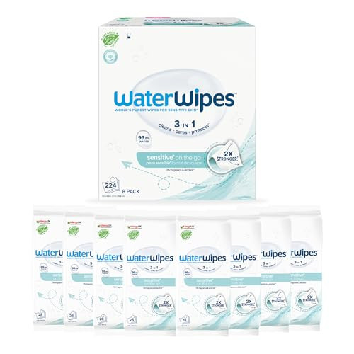 WaterWipes Sensitive+ On The Go Wipes, 224 Count (8 Packs), 3-In-1 Cleans, Cares, Protects, 99.9% Water, Unscented Wet Wipes | Amazon (UK)