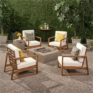 Noble House Belgian Outdoor 4 Seater Chat Set with Fire Pit Teak | Cymax
