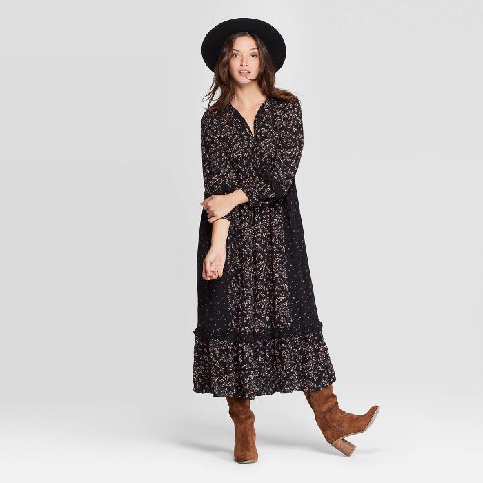 Women's Floral Print Long Sleeve V-Neck Dark Grounded Maxi Dress - Universal Thread™ Black | Target