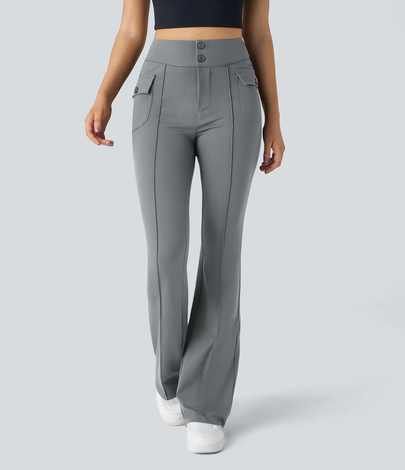 Women’s High Waisted Button Side Flap Pocket Flare Casual Cargo Pants - Halara | HALARA