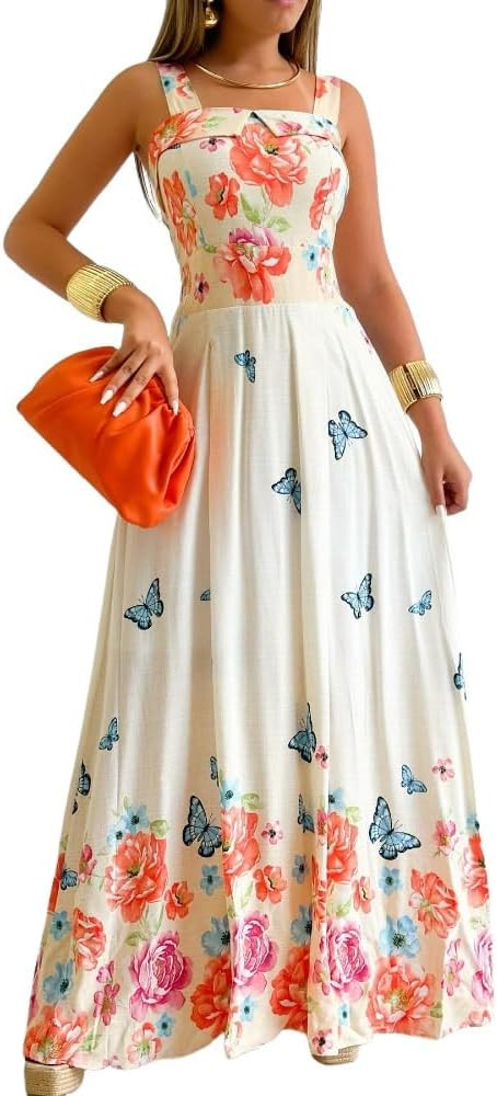 CHICME Women’s Floral Butterfly Print Linen Maxi Dress Quare Neck Strap Shirred Bodice Flowy Bo... | Amazon (US)