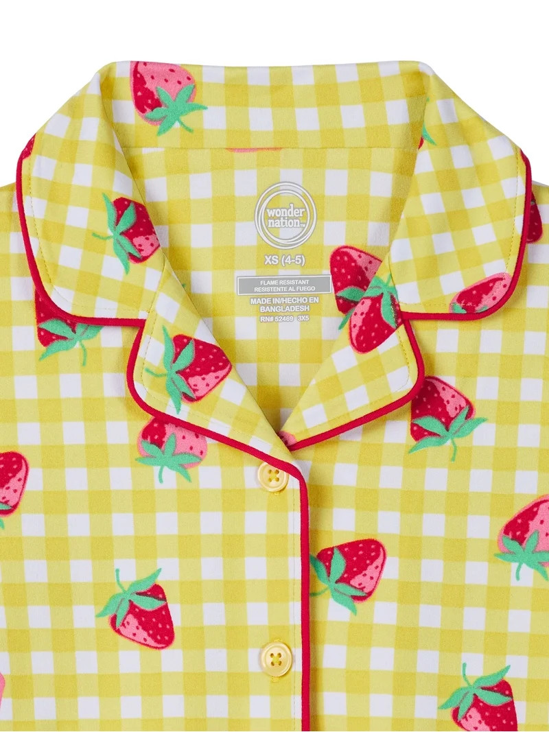 Wonder Nation Girls Short Sleeve Button Front Pajama Top and Shorts Set with Eyemask, 3-Piece, Si... | Walmart (US)