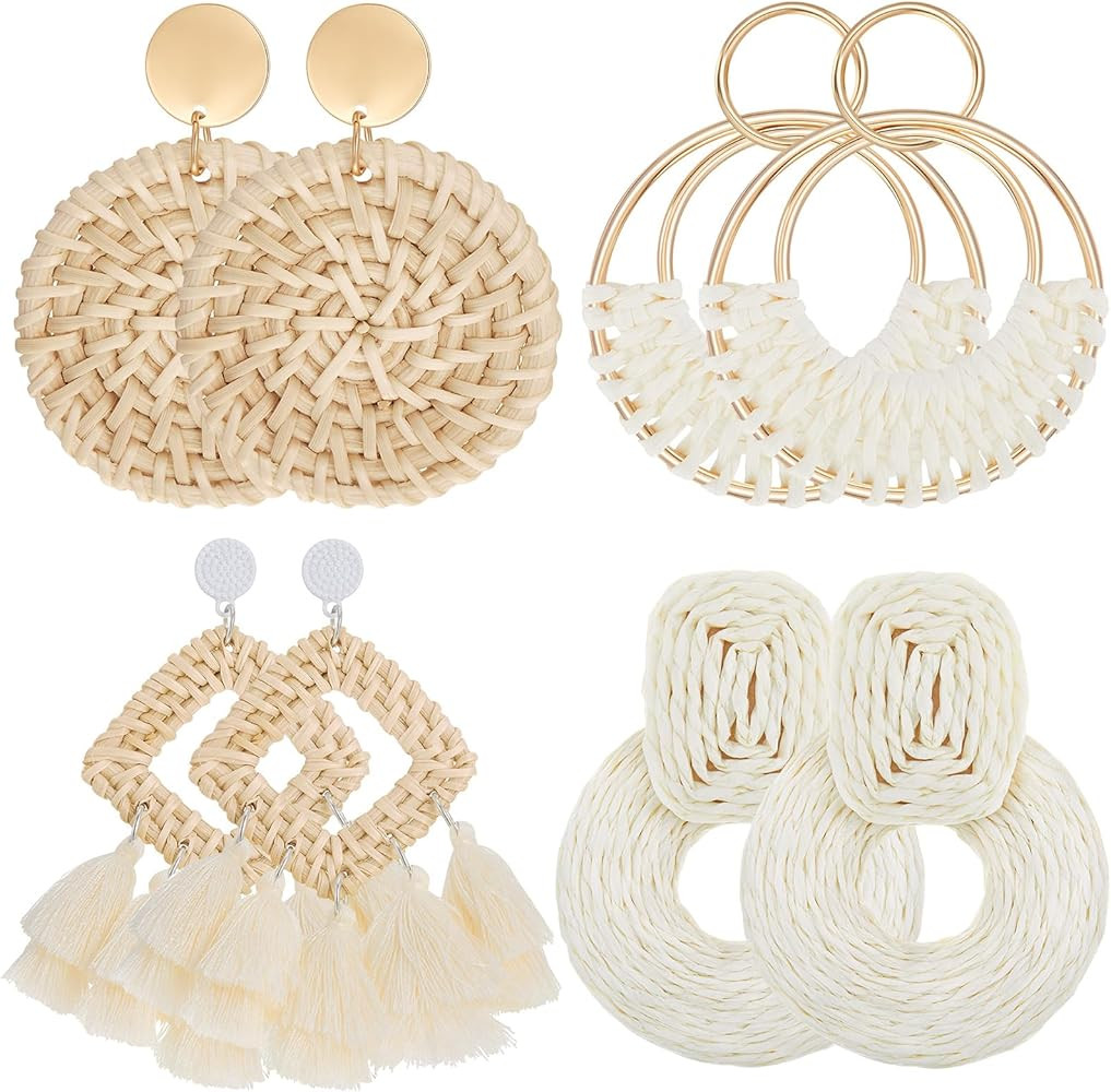 meekoo 4 Pairs Rattan Earrings for Women Beach Essentials Tassel Dangle Boho Straw Earrings | Amazon (US)