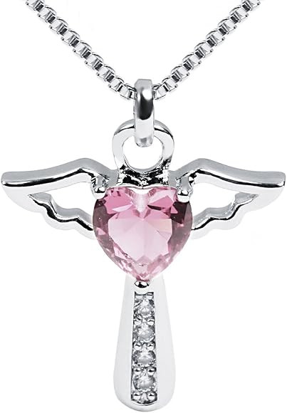 Ckysee Angel Birthstone Necklaces Heart Cross Necklace for Girls Kids Women Cubic Zirconia Angel ... | Amazon (US)