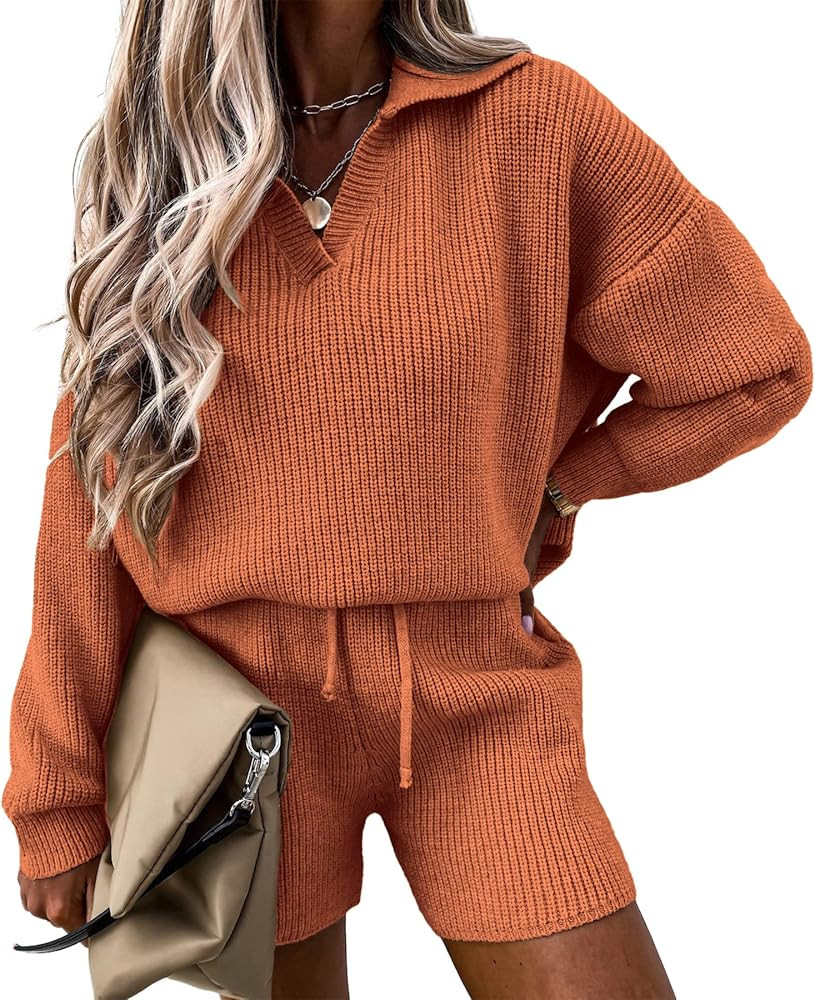 PRETTYGARDEN Women's 2 Piece Outfits 2024 Winter Long Sleeve V Neck Knit Pullover And Shorts Swea... | Amazon (US)