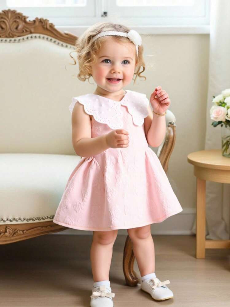 SHEIN Baby Girls Peter Pan Collar Sweet Princess Lace Trim Pink Sleeveless Dress, Summer Pink Baby Girl Dress With Collar Collared Baby Girl Dress Summer Baby Girl Dress | SHEIN