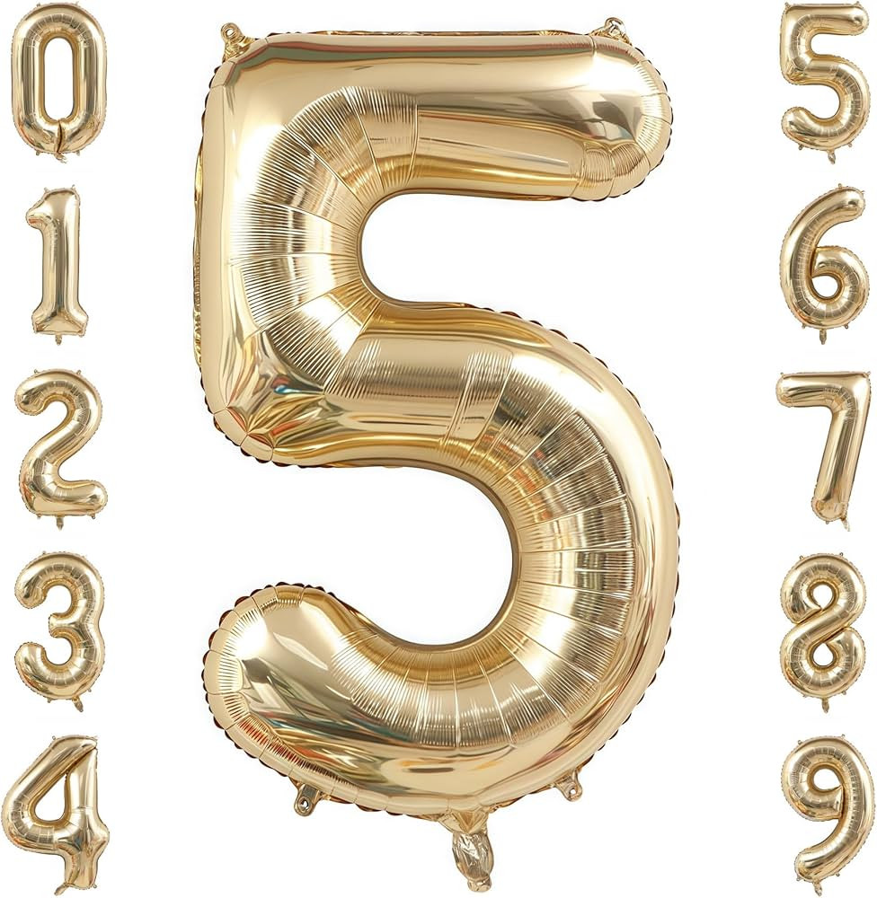 Champagne Gold 5 Balloon Number,40 Inch Light Gold 5 Balloons Big Foil Mylar Helium Number 5 Ball... | Amazon (US)