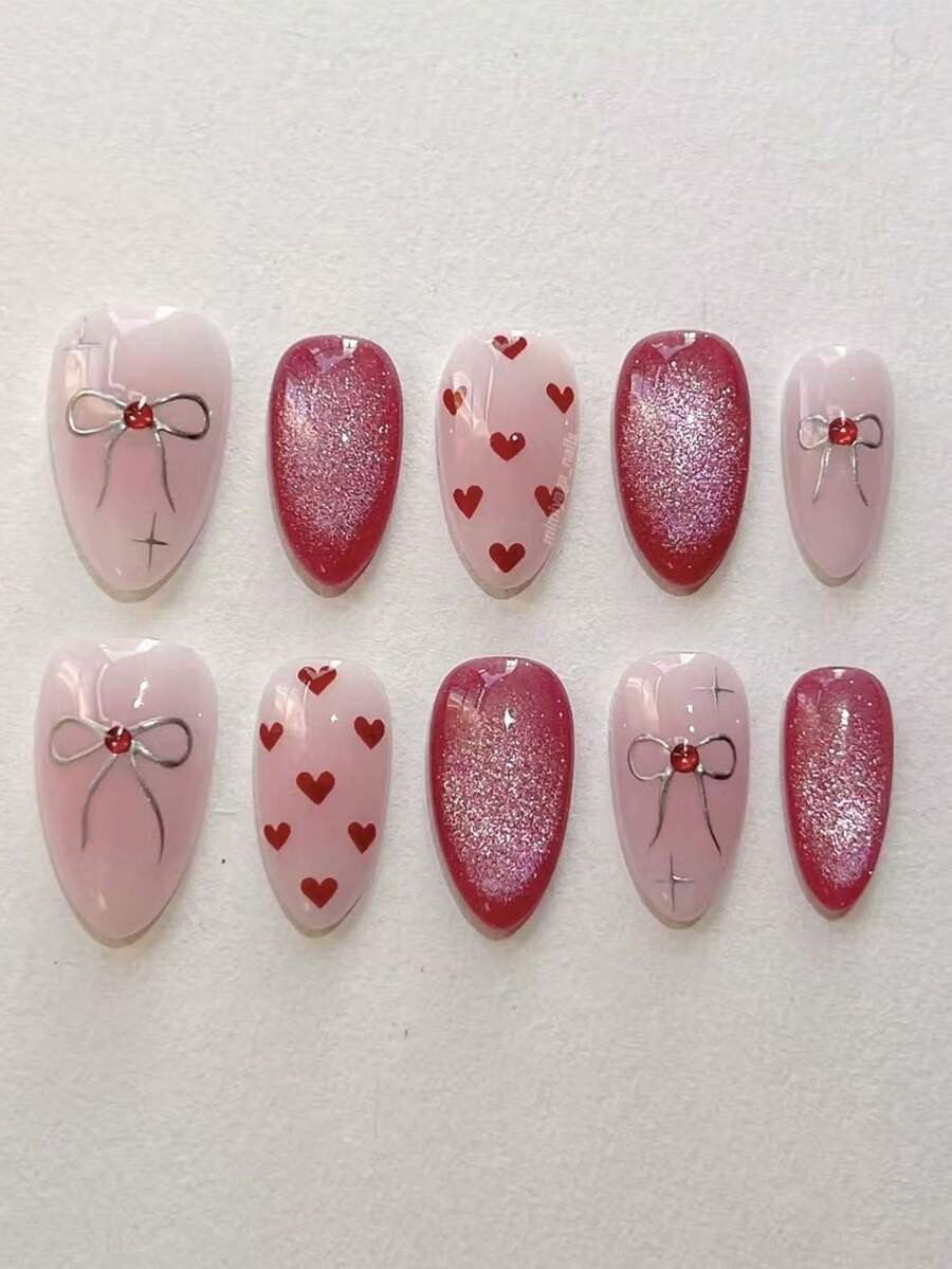 10pcs Red Heart, Cute Bow, Cat Eye Handmade Short Almond Shaped Reusable Press-On Nail Tips | SHEIN