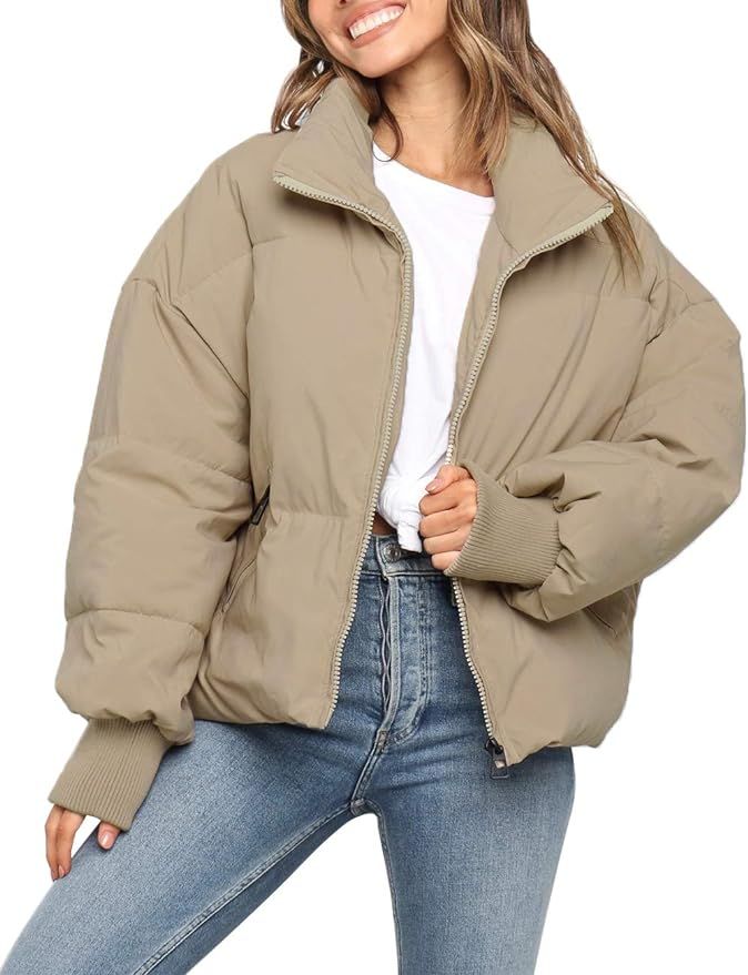 MEROKEETY Women's 2024 Winter Long Sleeve Zip Puffer Jacket Pockets Baggy Short Down Coats | Amazon (US)