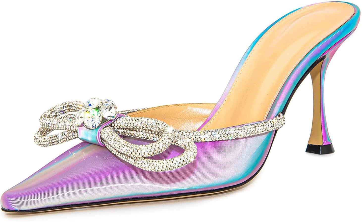 JiaBinji Women High Heeled Mules Crystal Rhinestones Sparkly Double Bow Sandals Iridescent Pointe... | Amazon (US)