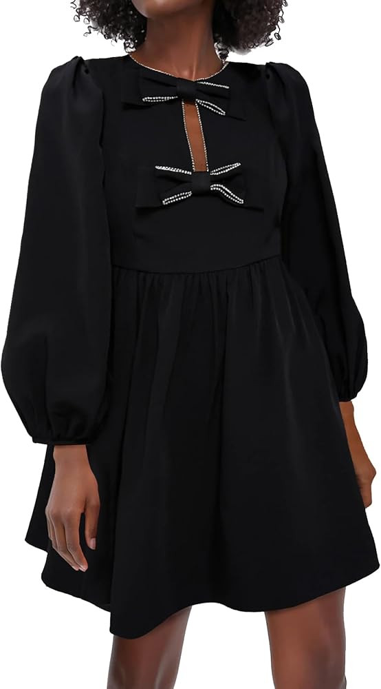 Women's Bow Neck Mini Dresses A Line Rhinestone Short Dress Long Sleeves Flowy Summer Babydoll Dr... | Amazon (US)