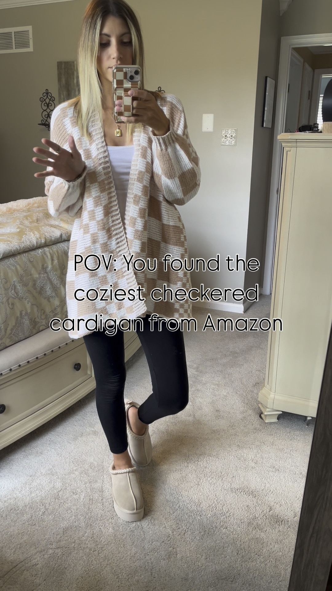 Checkered cardigan from Amazon. wearing a size S. Has an oversized fit. 