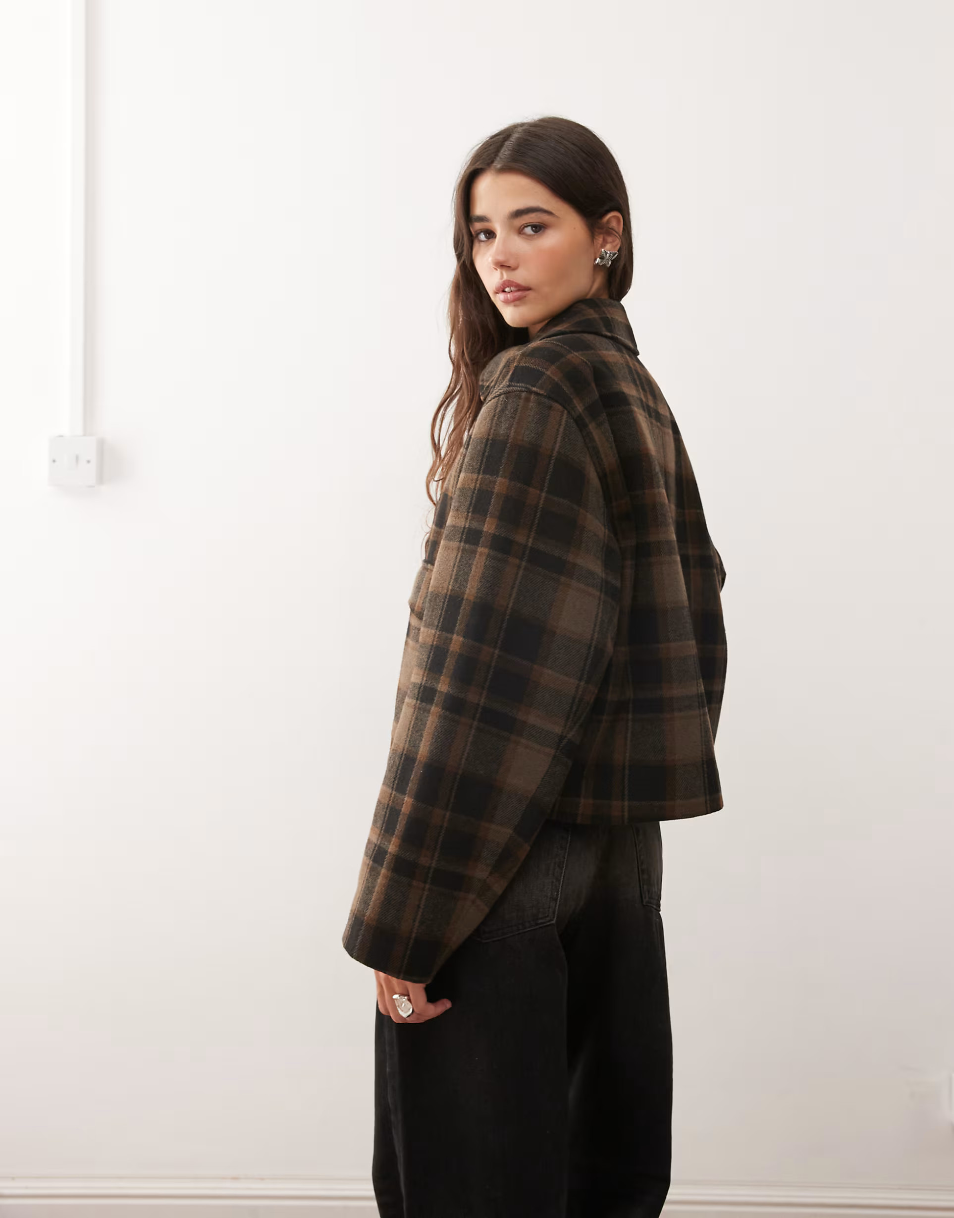 Monki short collared jacket with wool in brown check  | ASOS | ASOS (Global)