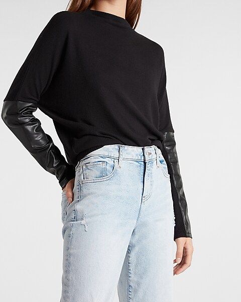 Mock Neck Faux Leather Sleeve Top | Express