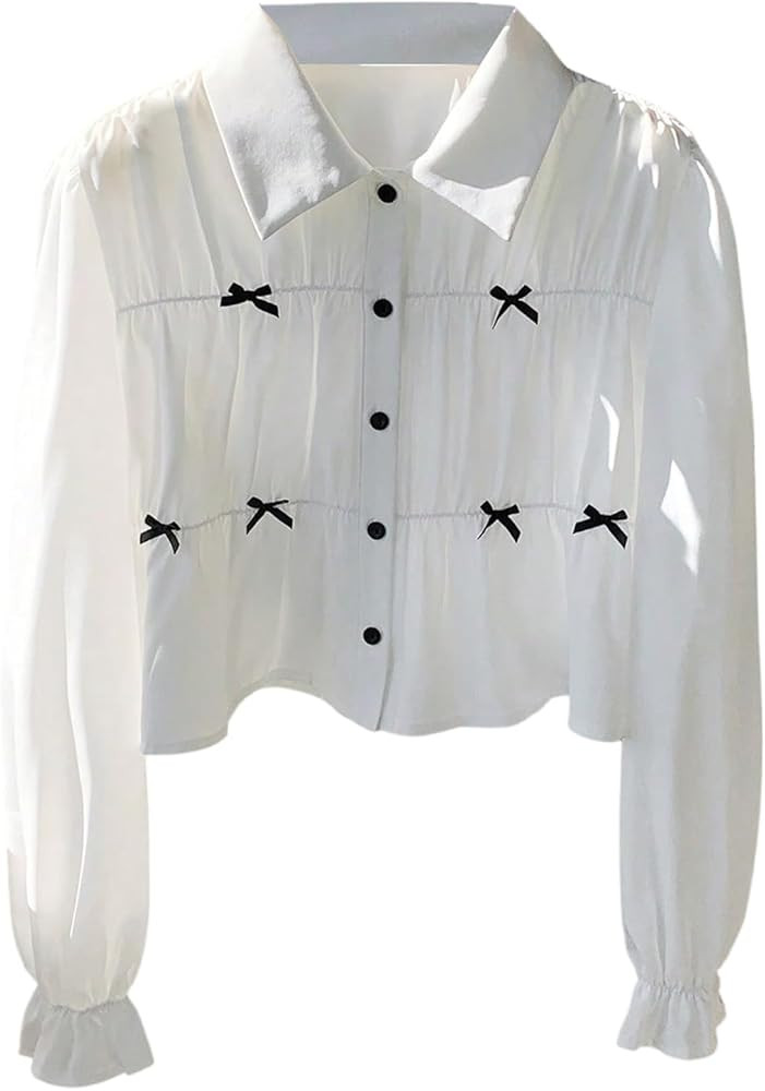 SweatyRocks Women's Bow Button Down Blouse Ruffle Long Sleeve Ruched Dressy Shirt Top | Amazon (US)