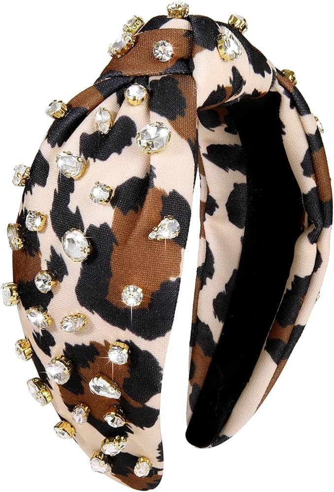 Leopard Knotted Headband for Women Pearl Rhinestone Jeweled Embellished Leopard Print Top Knot Ha... | Amazon (US)