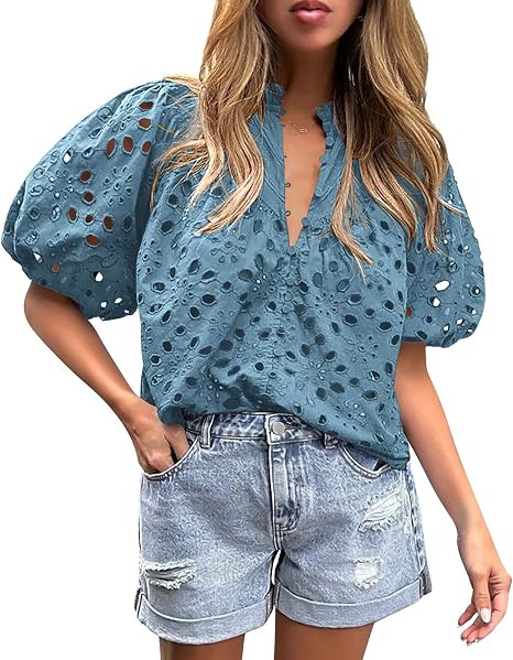 PRETTYGARDEN Women's Summer Tops 2026 Dressy Casual Short Sleeve V Neck Buttons Hollow Eyelet Lac... | Amazon (US)