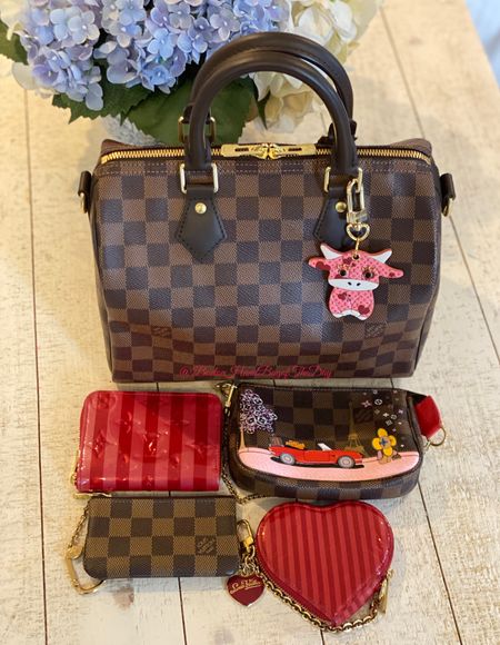 Day 13 of Bag Switch! 
Using my LV Speedy 25 in Damier Ebene with the matching key cles and Christmas Animation mini Pochette. I also added the LV Zippy Coin and Heart Coin in Vernis Rayures. Using my LV Year of the Ox Bag Charm for a pop of color. 

#LTKitbag #LTKstyletip