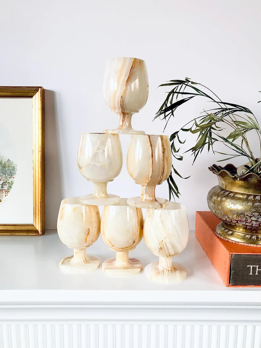 Vintage Onyx Wine Glasses Set of 6, Carved Onyx Marble Stone Goblets, NEW With Tags, Mid Century ... | Etsy (US)