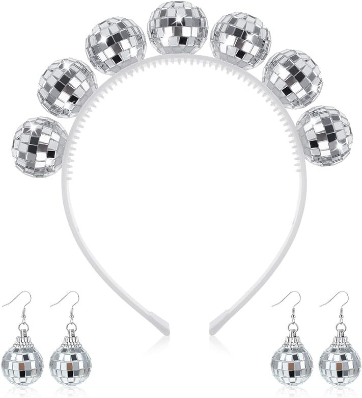 Lusofie 2 Pairs Disco Mirror Ball Earrings and 1Pc Disco Ball Headband Reflective Mirror Ball Dis... | Amazon (US)