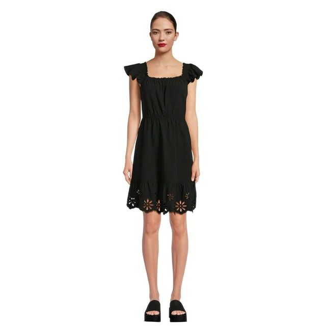 Time and Tru Women's Square Neck Eyelet Trim Mini Dress, Sizes XS-XXXL | Walmart (US)