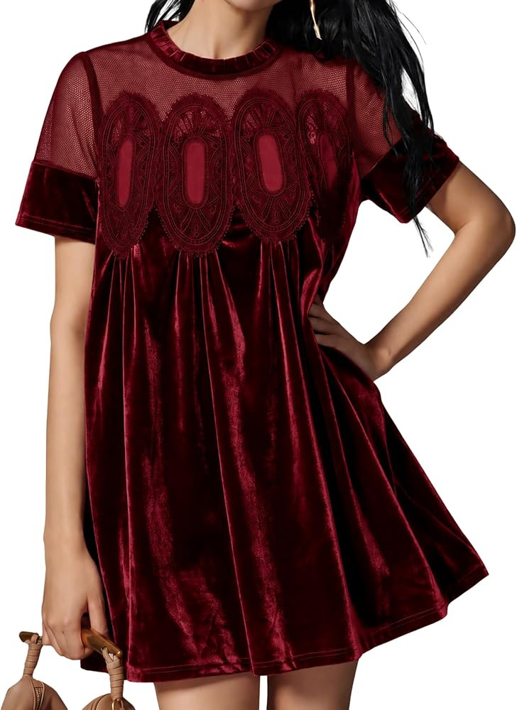 Womens Velvet Lace A-Line Overall Casual Pleated Swing Babydoll Wedding Skirtall Scallop Neck Fla... | Amazon (US)