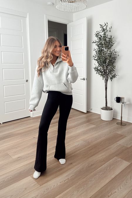 Comfy outfit! Pullover is 20% off code MAKENNA20 making it under $40!! Look for less. Flare pants super comfy wearing a size 4
