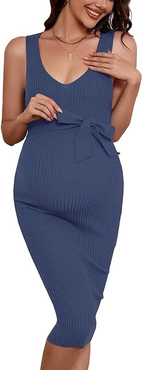 Maternity Dress Sleeveless Rib Knit V Neck Casual Summer Baby Shower Dresses Pregnancy Clothes wi... | Amazon (US)
